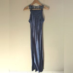 Vtg Roberta Blue Satin Embroidered Formal Gown Y2K Hoco Prom Size 3/4